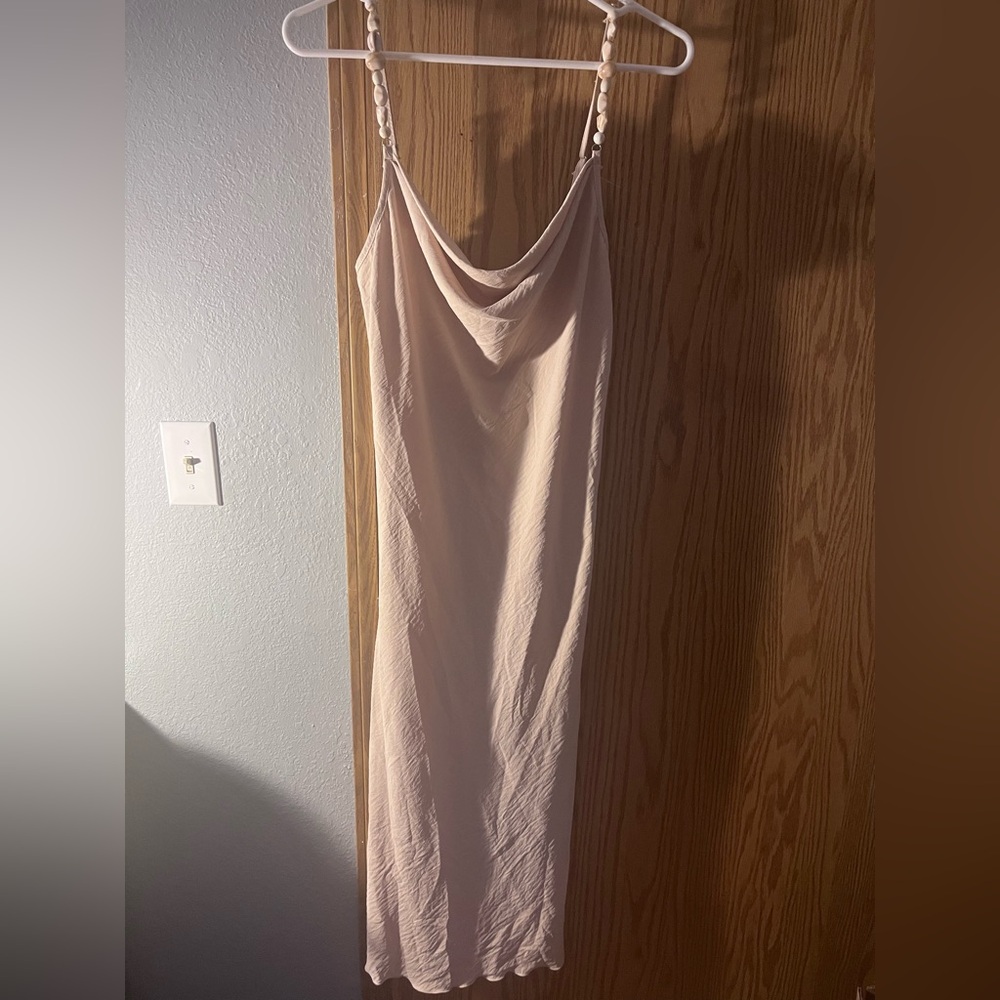 LT Cowl Neck Cream Beachy Midi Slip Dress Beaded Strap Slinky Golden Nude